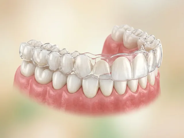 A clear aligner tray fitted over teeth