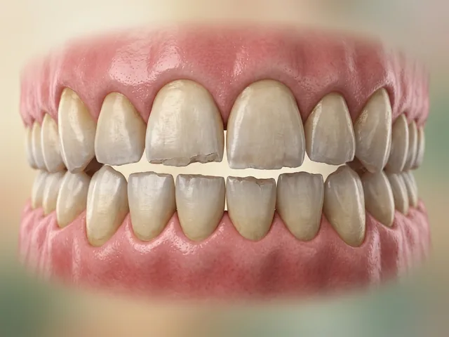 Teeth worn flat and chipped from grinding