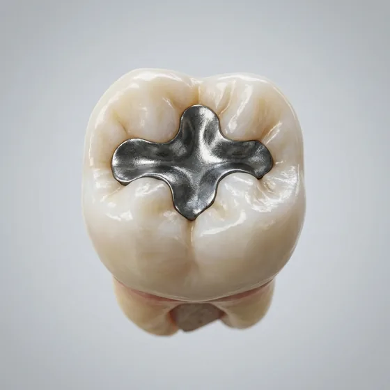 Molar with a dark silver amalgam filling