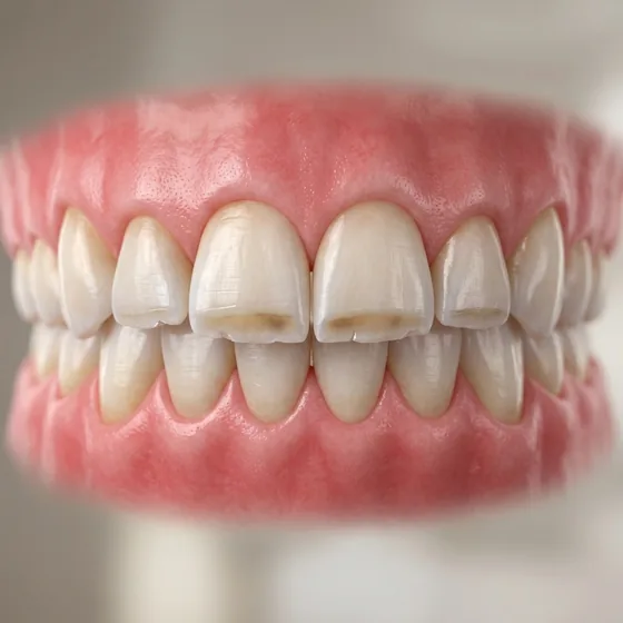Teeth worn flat and chipped from grinding
