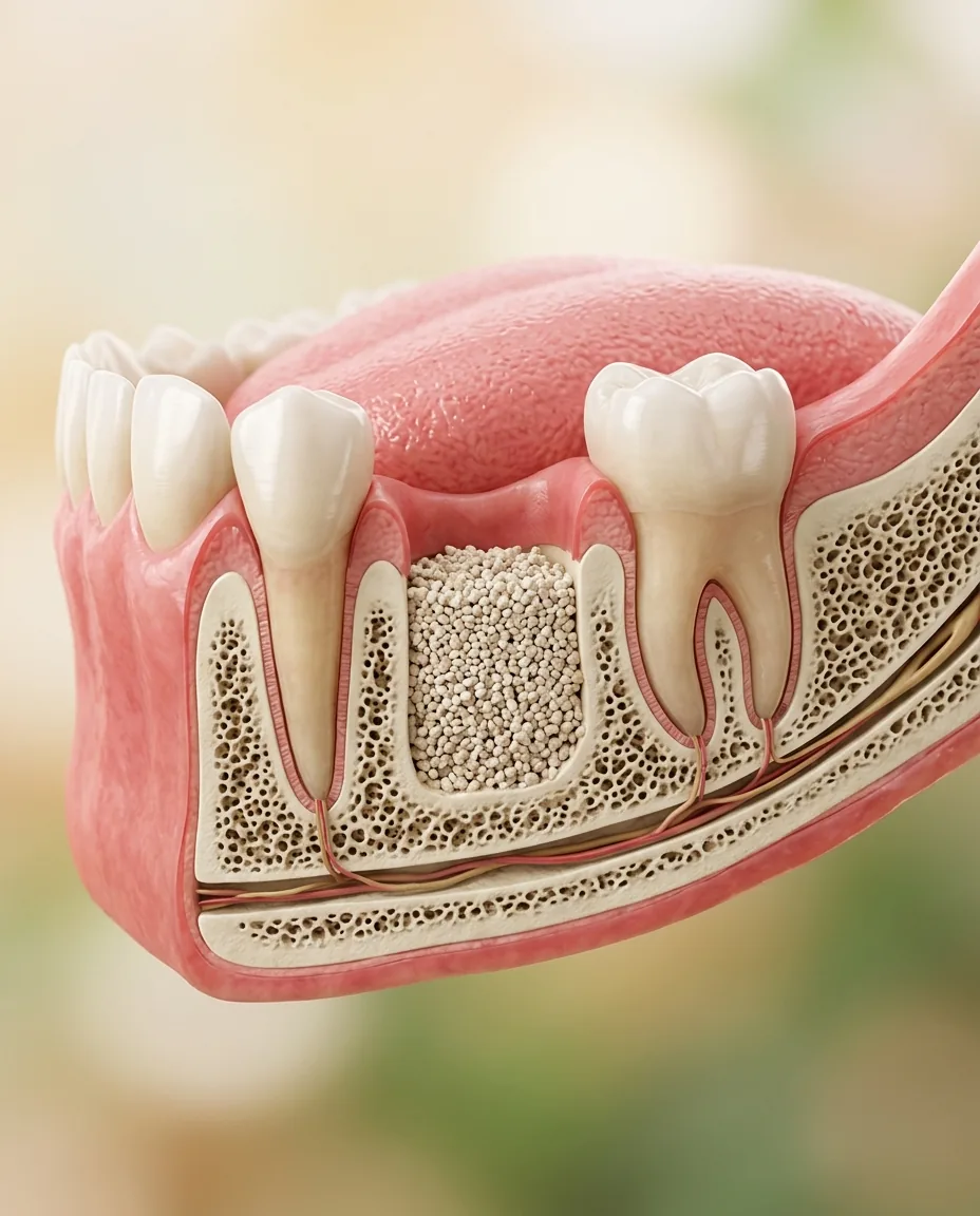 Cross-section of a jaw socket being filled with bone graft material