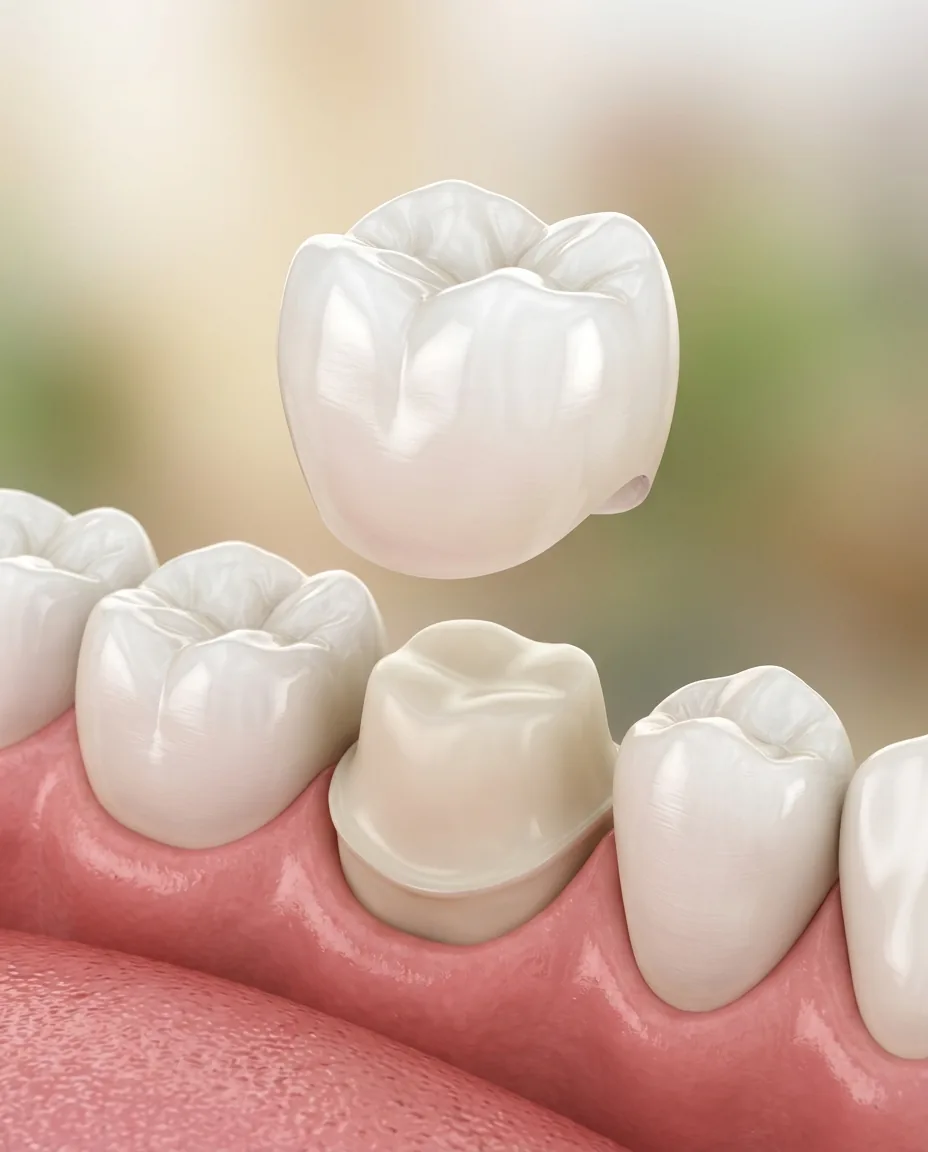 A white porcelain dental crown being placed over a prepared tooth