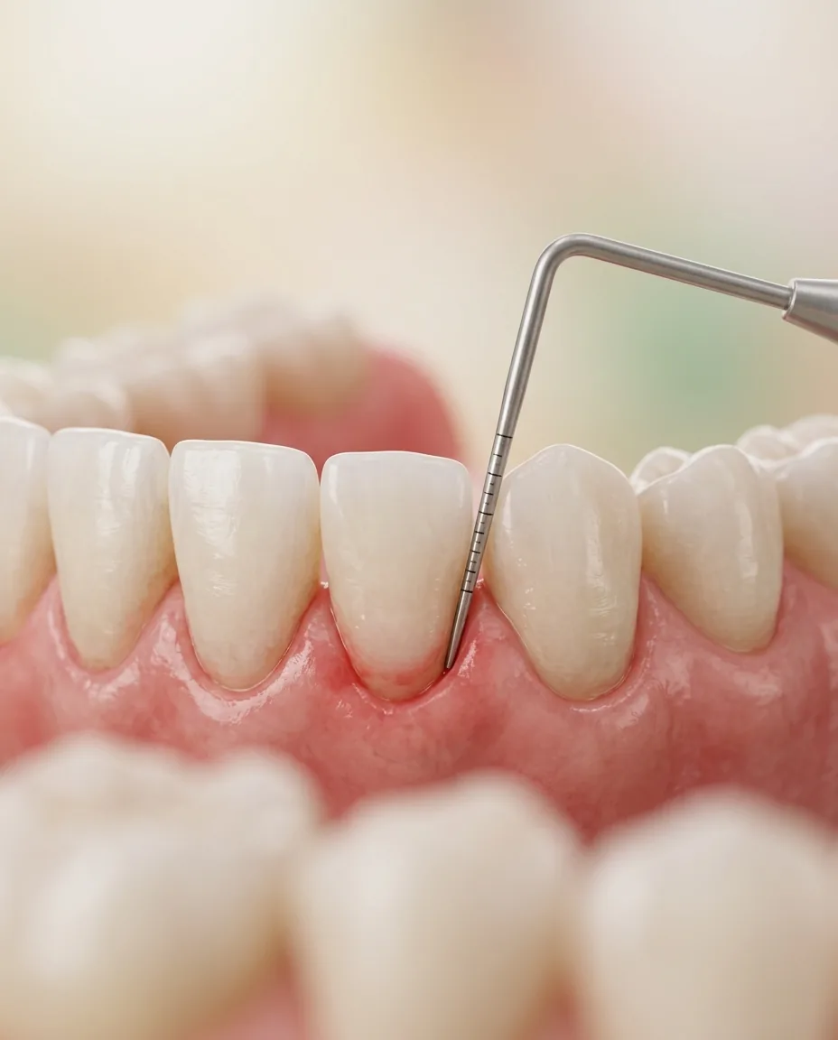 A periodontal probe checking the gumline for gum disease