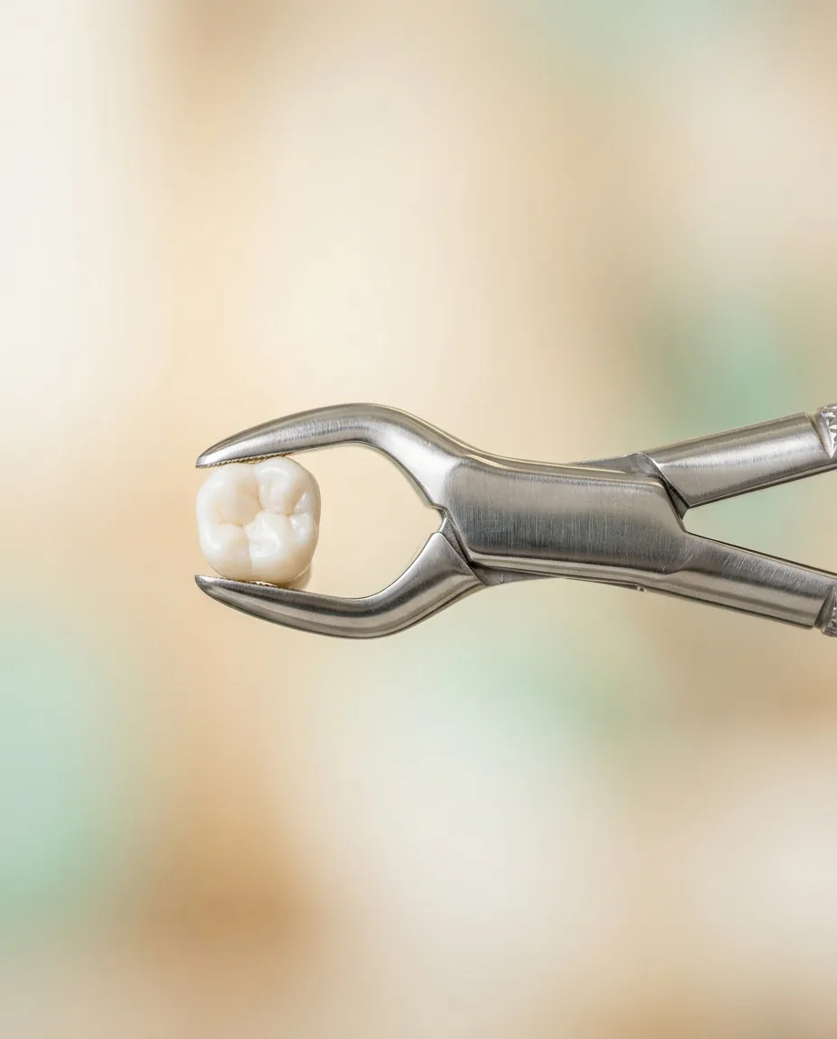 Dental forceps holding an extracted tooth