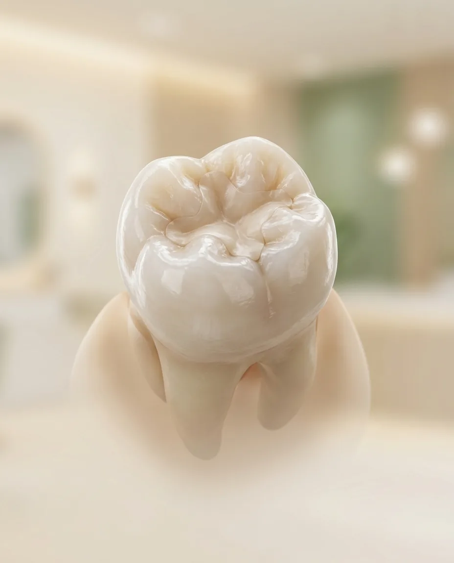 Un molar restaurado con un empaste natural del color del diente