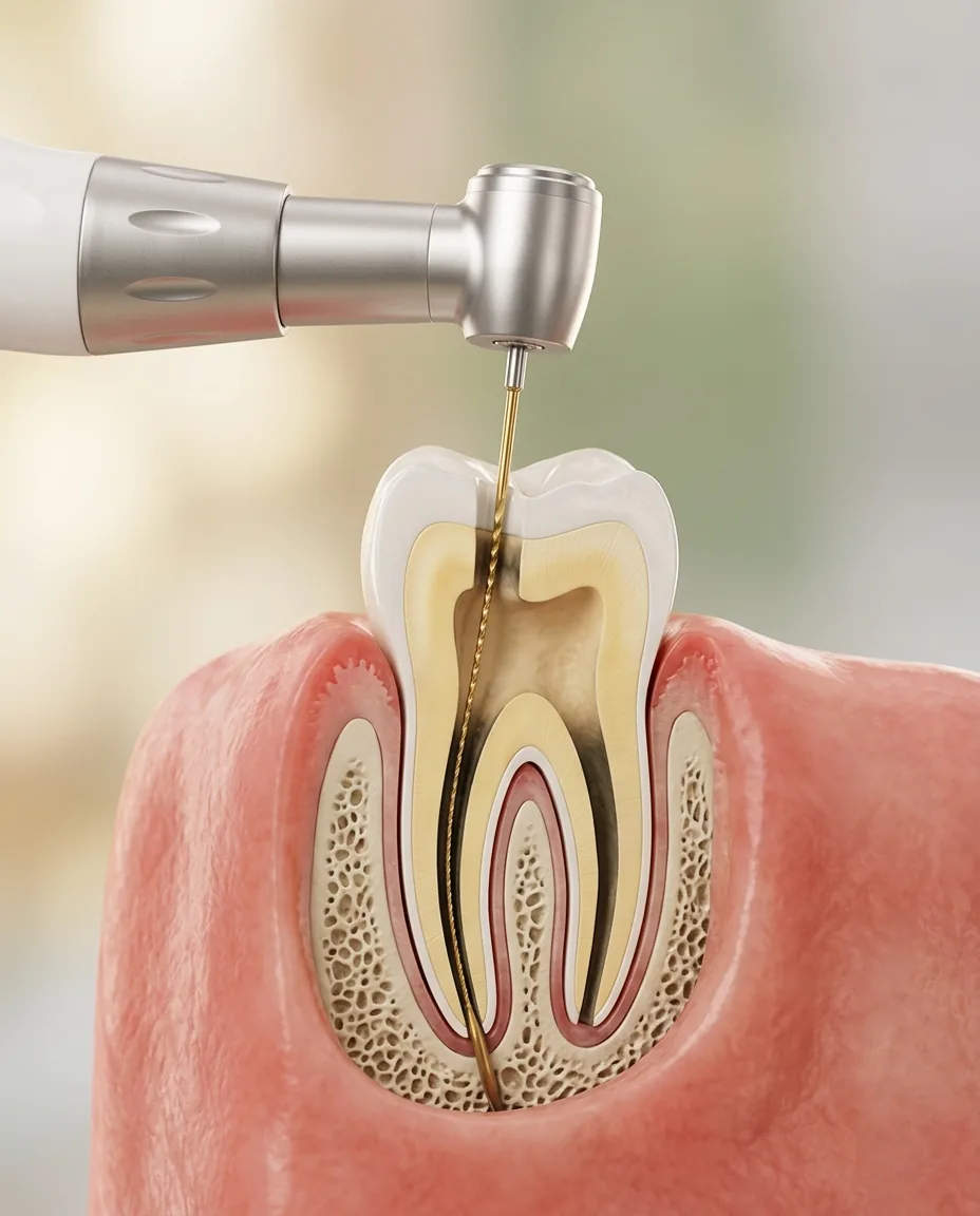Render 3D de una endodoncia: una lima fina limpiando el conducto de un molar