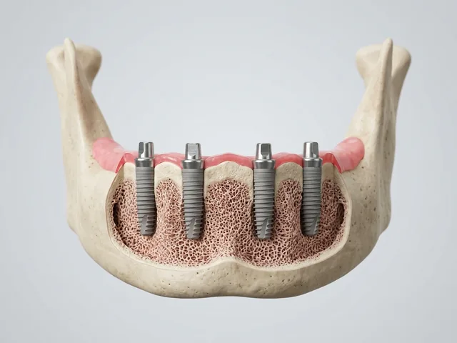 Cuatro postes de implantes colocados en ángulo en la mandíbula
