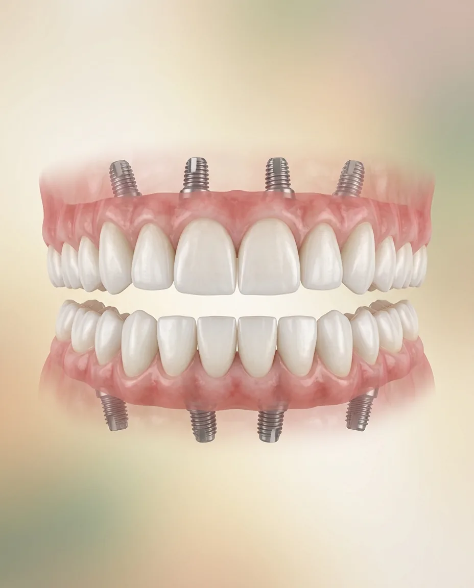 Arcada completa de dientes fijos sobre cuatro implantes dentales
