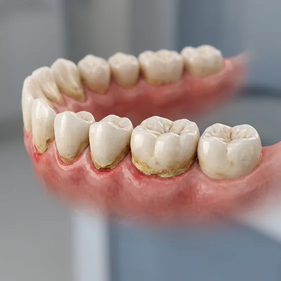 Dientes con acumulación de sarro amarillo en la línea de la encía