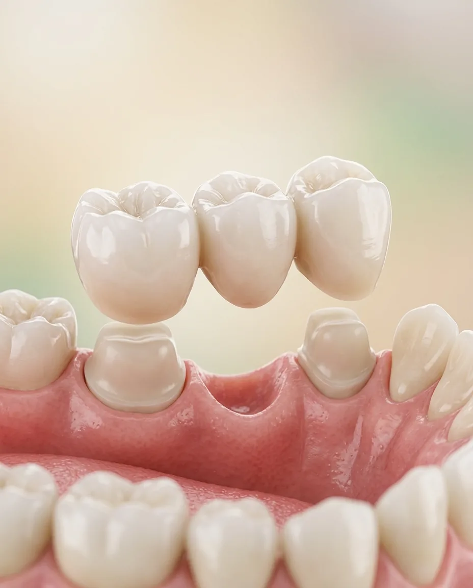 Puente dental de porcelana de tres piezas colocándose sobre un espacio vacío